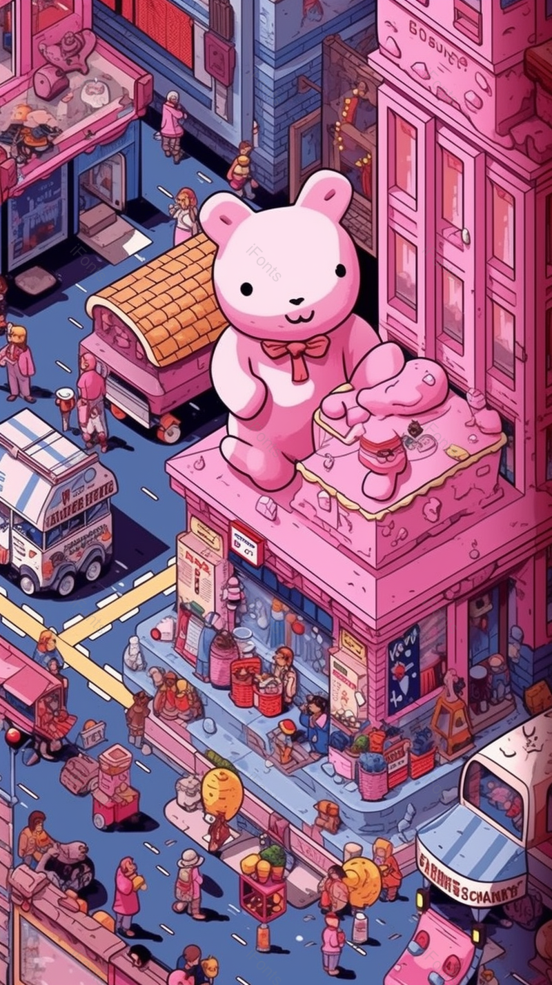 卡爱呆萌玩具小熊楼房房屋城市六一儿童节背景粉色插画,插画/手绘图,插画/手绘图库,插画/手绘图下载,插画/手绘